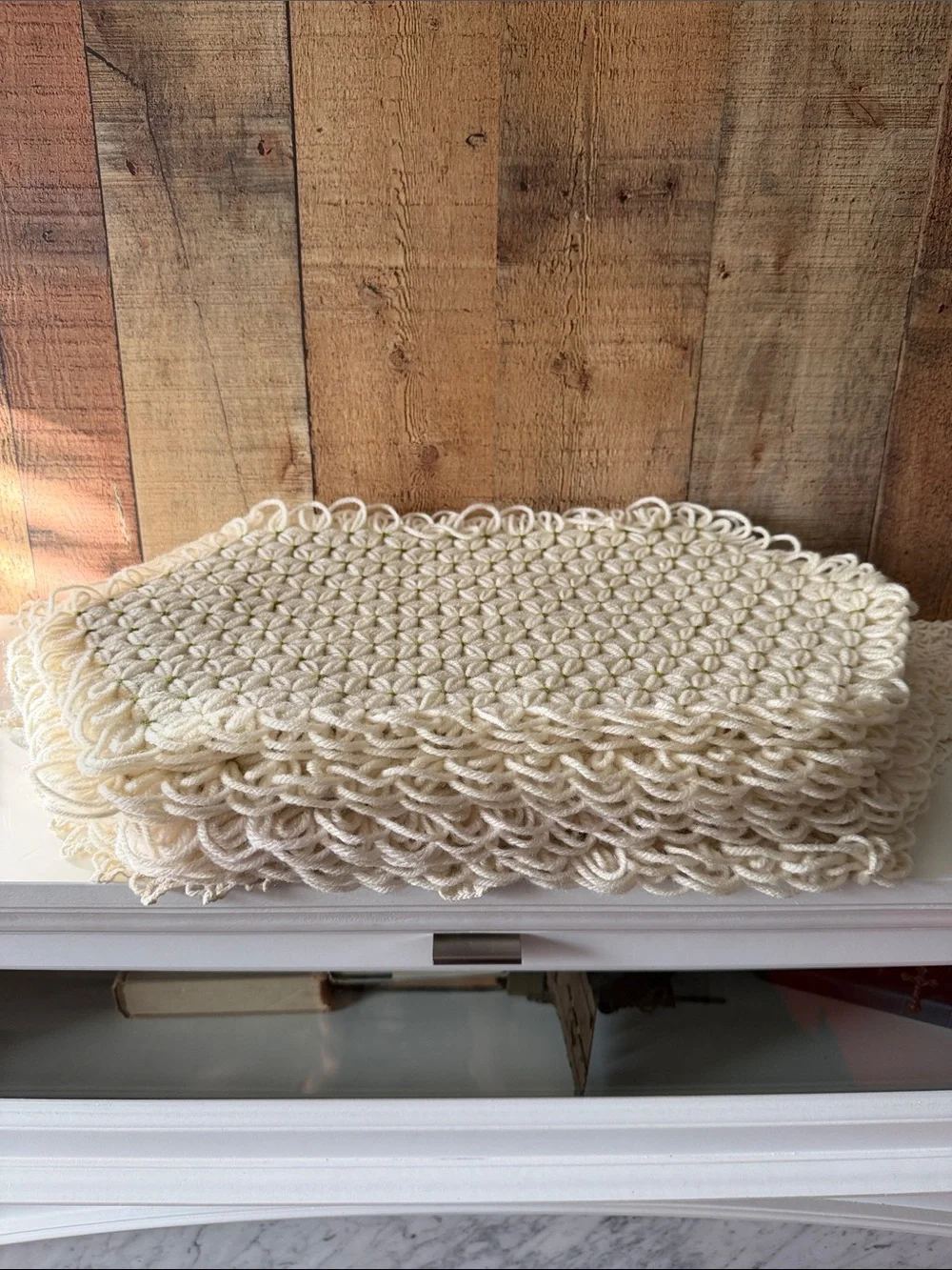 Vintage Crochet Jasmine Stitch Daisy Cream and Avocado Green Placemats Set of 6